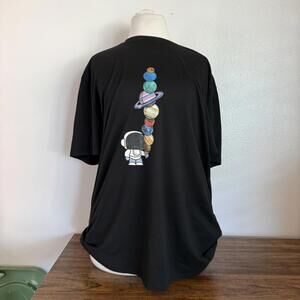 Black T-Shirt with Cartoon Astronaut and Planets Graphic Size Large